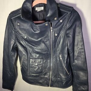 Barneys New York Navy Leather Jacket